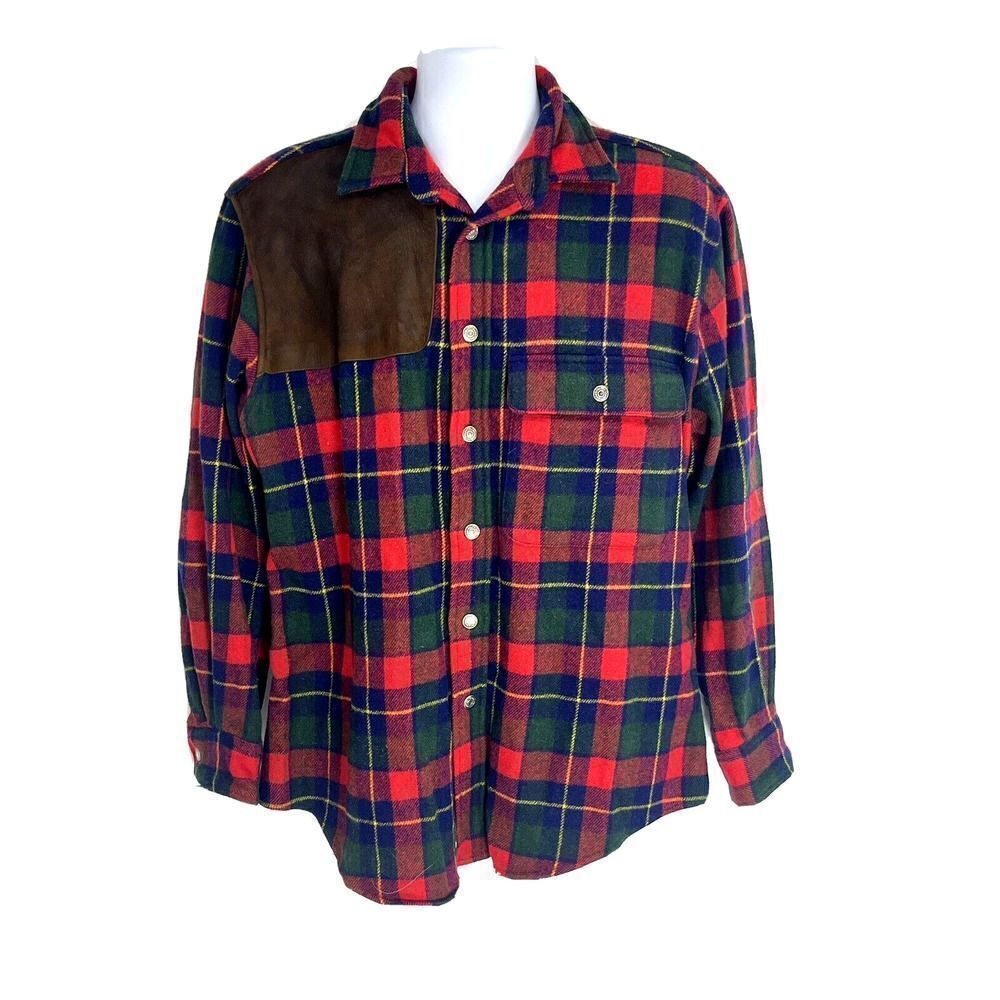 Vintage Chaps Ralph Lauren Shooting Shirt Large Elbow Patches Leather‎ Plaid